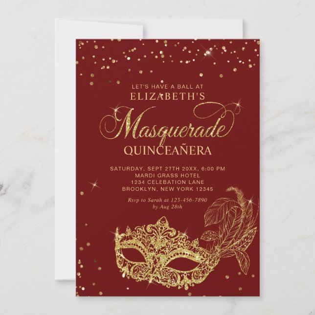 Photo Red Gold Glitter Masquerade Quinceañera Invitation (Front)