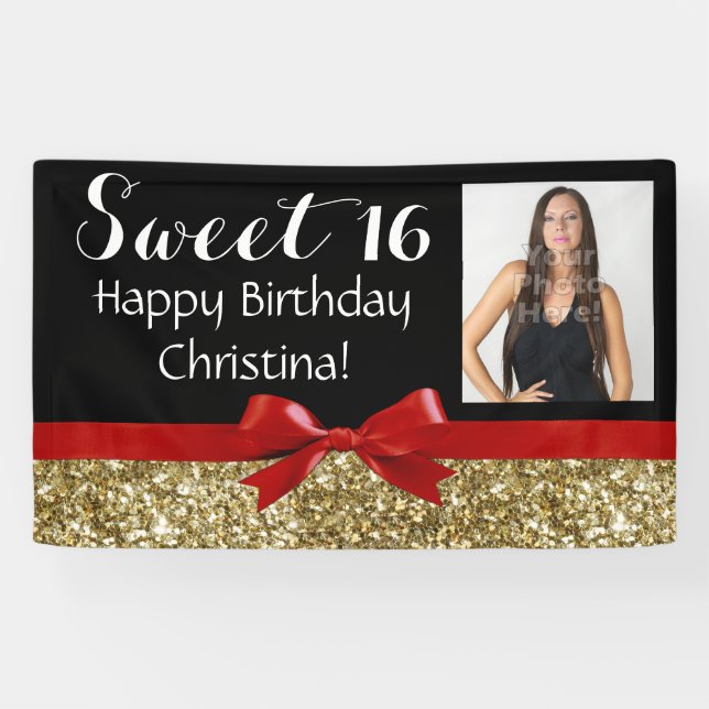 Photo Red Gold Glitter Sweet 16 Birthday Party Banner (Horizontal)