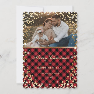 Photo Red Gold Plaid Merry Christmas and New Year Holiday Card