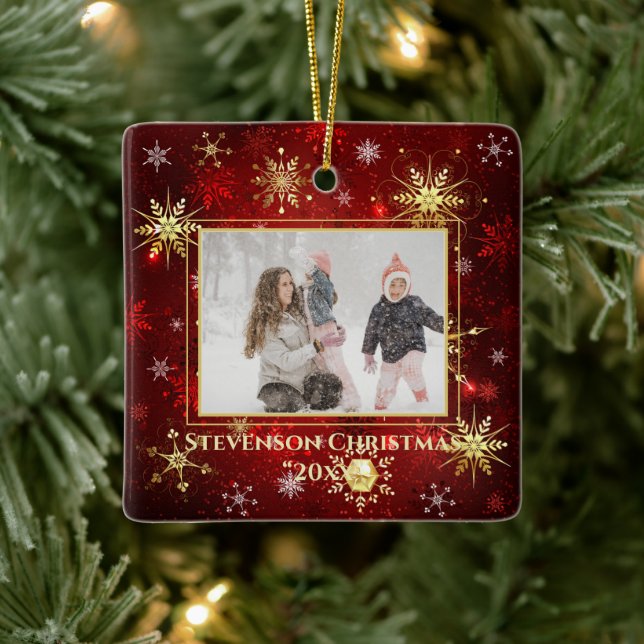 Photo Red Gold Snowflake Christmas Xmas Holiday Ceramic Ornament (Tree)