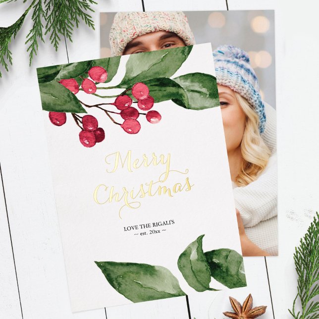 Photo Red & Green Christmas Cards (Christmas cards photo with watercolor botanical leaves and berries red and green)