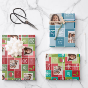 Photo Red Green Color Block Christmas Tree Stripes Wrapping Paper Sheet