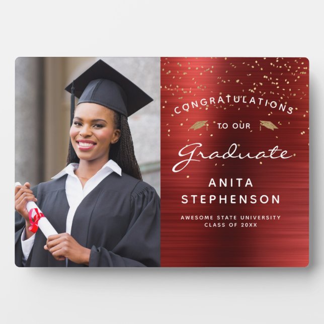 Photo Red Metallic White Gold Graduation Keepsake Plaque (Front)