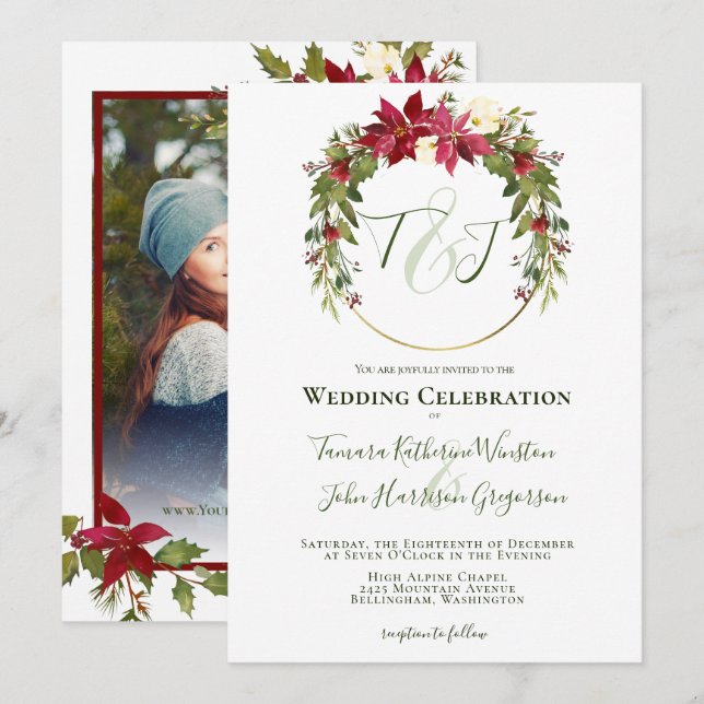 Photo Red Poinsettia Greenery Christmas Wedding Invitation (Front/Back)