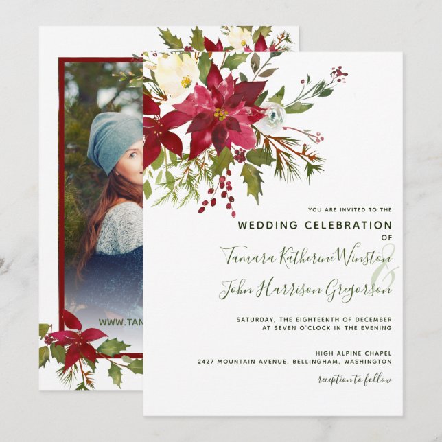 Photo Red Poinsettia Greenery Christmas Wedding Invitation (Front/Back)