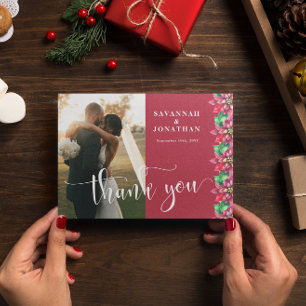 Photo Red Poinsettia Holiday Wedding Thank You Card
