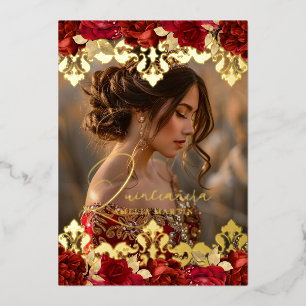 Photo Red Rose Gold Damask Floral Quinceanera