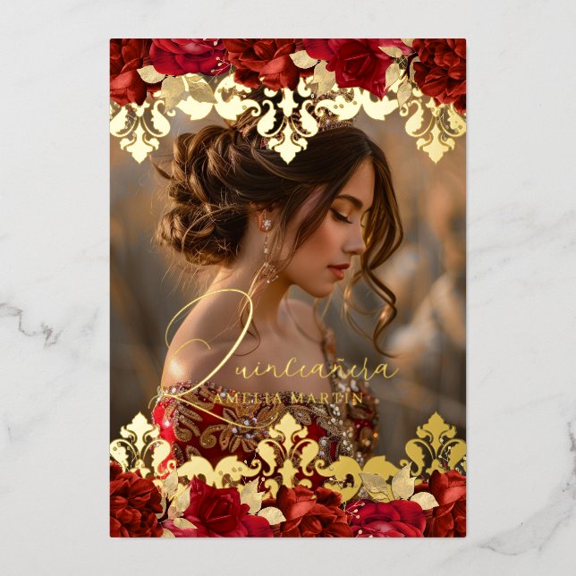 Photo Red Rose Gold Damask Floral Quinceanera (Front)
