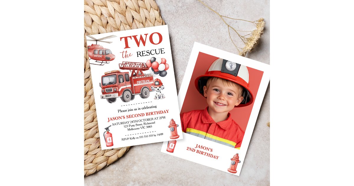 Fire Rescue Invitations Photo Red Two The Rescue Fire Truck Birthday Invitation | Zazzle