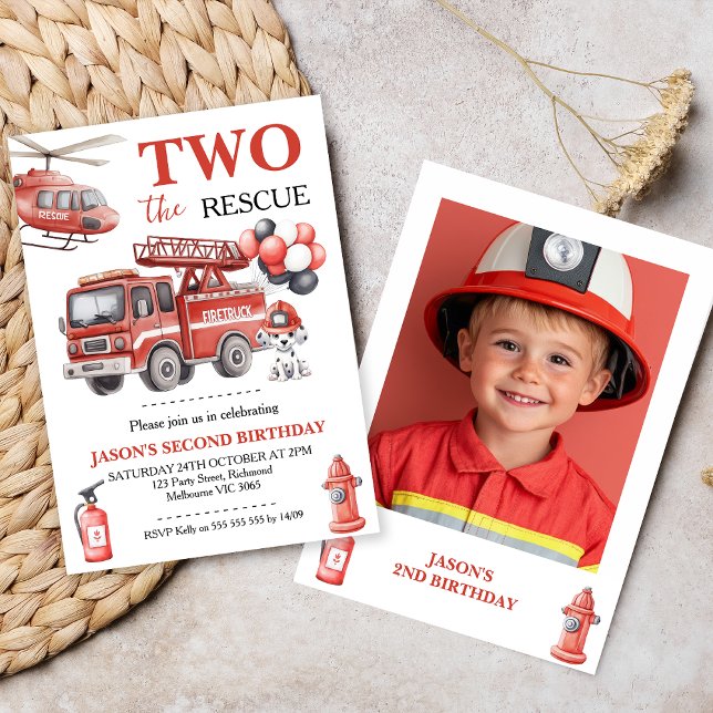 Photo Red Two The Rescue Fire Truck Birthday  Invitation (Fire Truck Birthday Invitation, 
Two The Rescue Invitation, Fire Truck Invitation Template,  Photo)