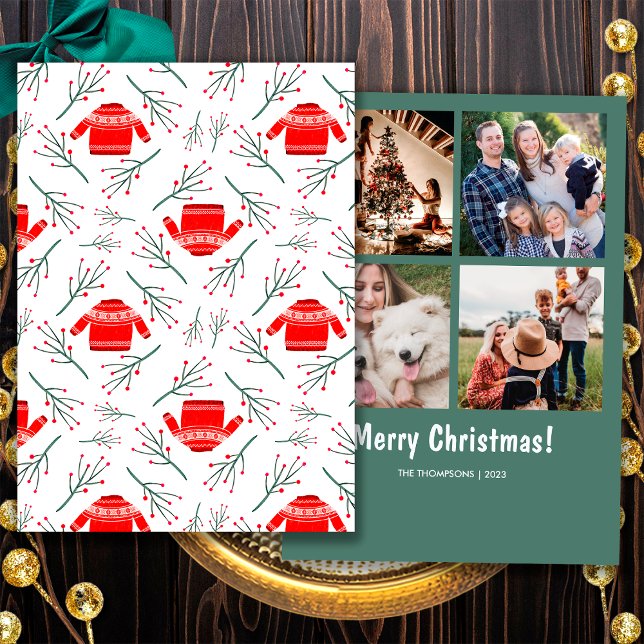 Photo Red Ugly Sweater Christmas Festive Pattern Holiday Card (Front and Back)