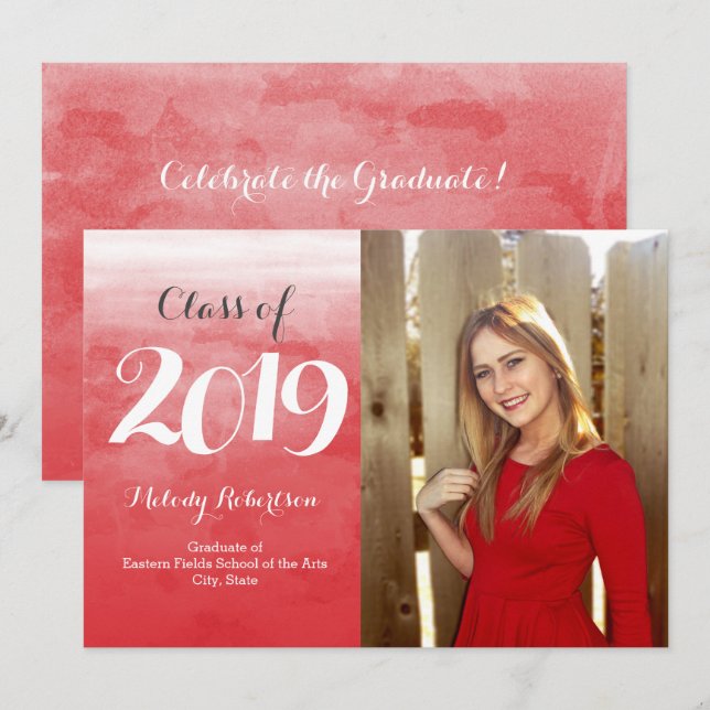Photo Red Watercolor Class of 2019 Graduation Invitation (Front/Back)