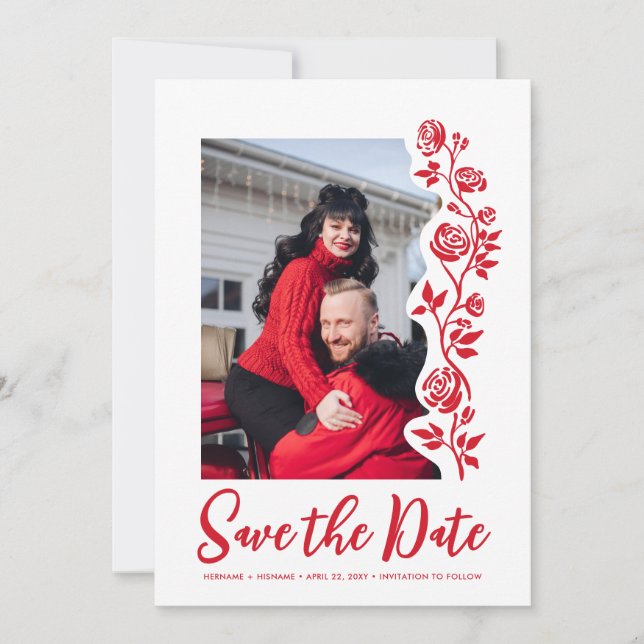 Photo Red White Hand Drawn Roses QR Code Website Save The Date (Front)