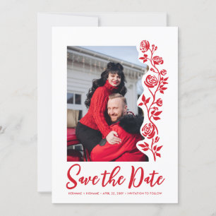 Photo Red White Hand Drawn Roses QR Code Website Save The Date