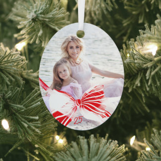 Photo Red White Plaid Bow Keepsake Date Christmas Metal Tree Decoration