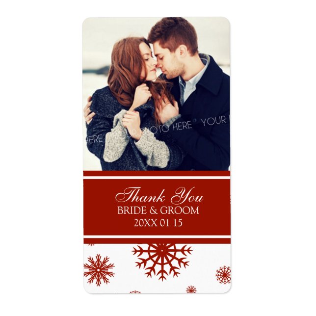Photo Red White Snowflakes Winter Wedding Label (Front)