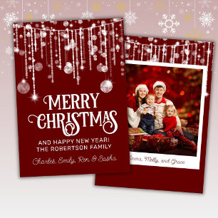 Photo Red White String Lights Christmas Card