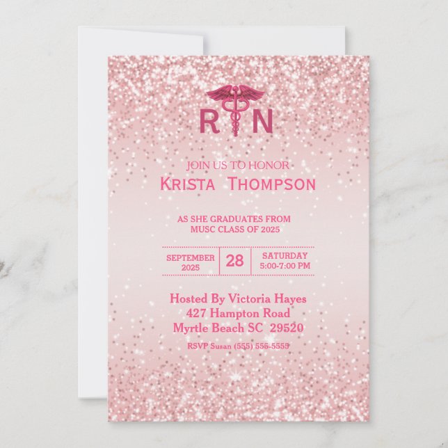  Photo Registered Nurse Graduation Pink Glitter  Invitation (Front)