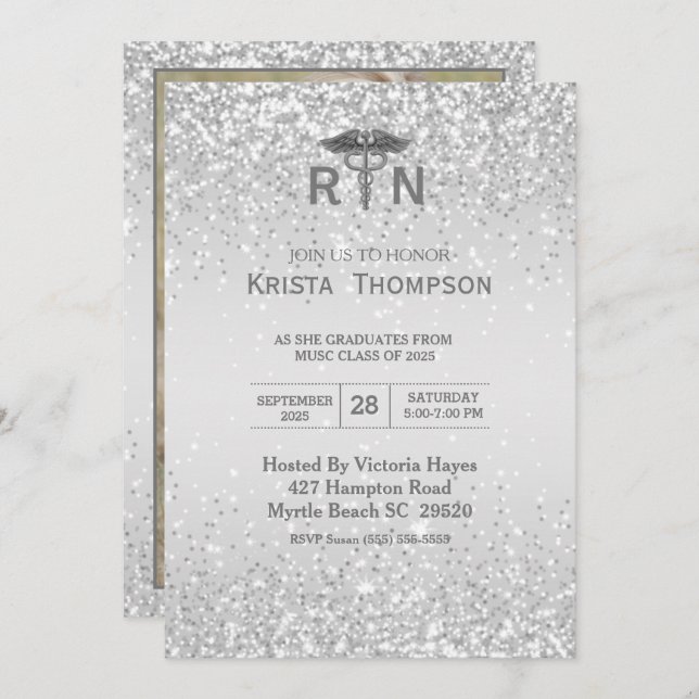  Photo Registered Nurse Graduation Silver  Invitation (Front/Back)