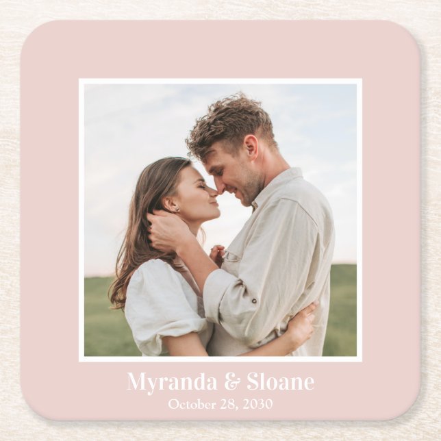 Photo Rehearsal Dinner Blush Pink Square Paper Coaster (Front)