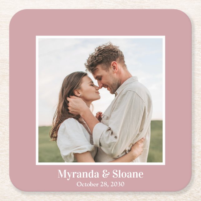 Photo Rehearsal Dinner Dusty Rose Square Paper Coaster (Front)