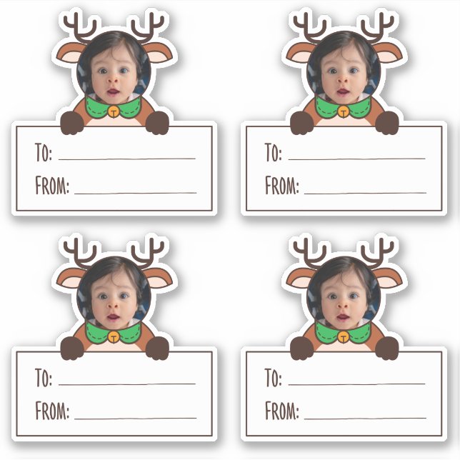 Photo Reindeer Gift Tag Sticker (Front)