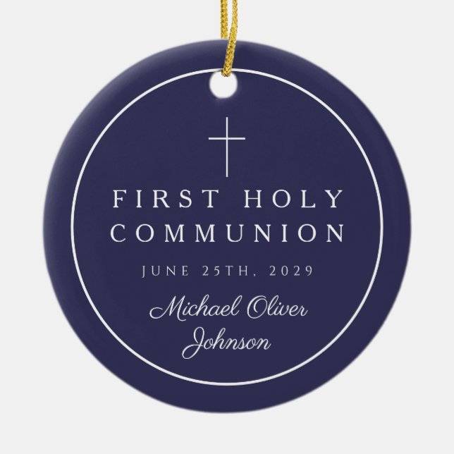 Photo Religious Cross Boy First Communion Ceramic Tree Decoration (Front)