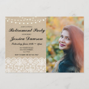Photo Retirement Lace Burlap Pretty String Lights Invitation