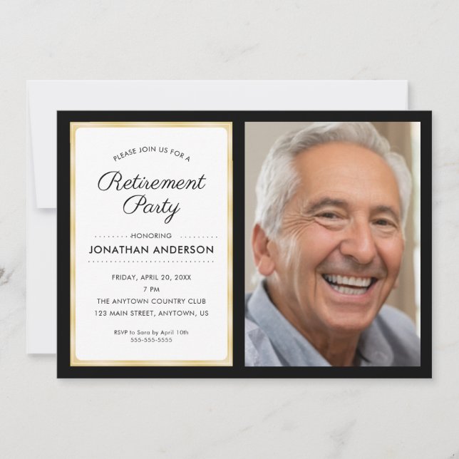 Photo Retirement Party | Black and Gold Invitation (Front)