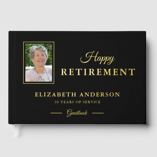 Photo Retirement Party Black with Gold Foil Guest Book (Front)