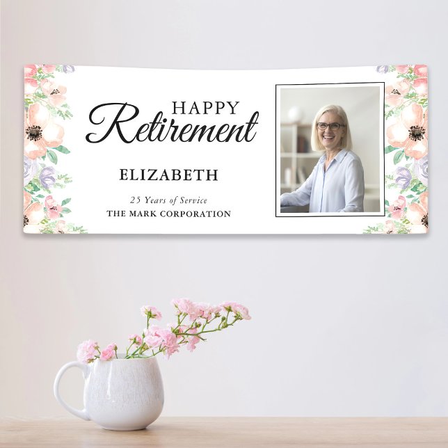 Photo Retirement Party Elegant Pastel Floral Banner (Creator Uploaded)