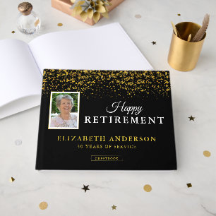 Photo Retirement Party Guests Black & Gold Glitter Guest Book