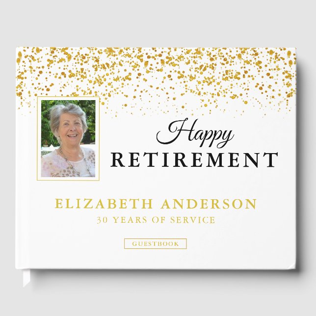 Photo Retirement Party Guests Gold Glitter Guest Book (Front)