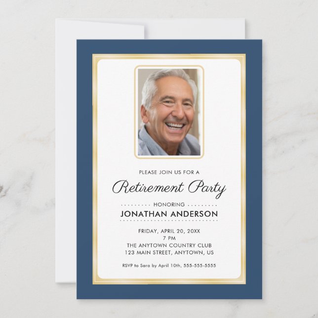 Photo Retirement Party | Navy Blue and Gold Invitation (Front)