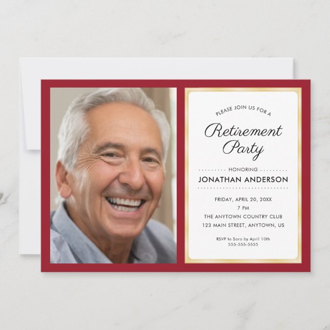 Photo Retirement Party | Red and Gold Invitation (Front)
