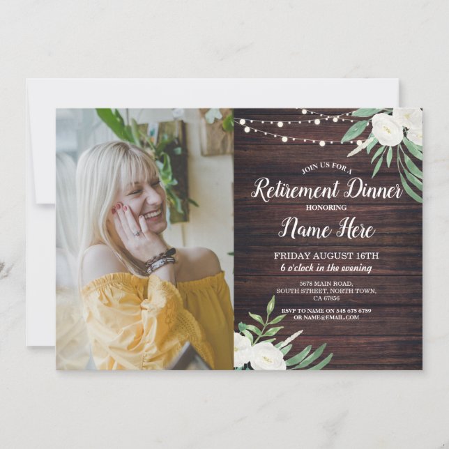 Photo Retirement Party Retired Wood White Flowers Invitation (Front)