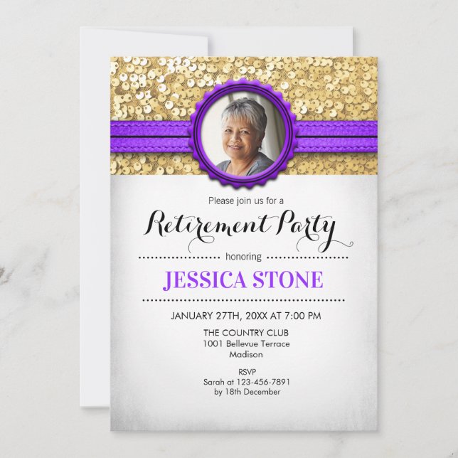 Photo Retirement - Purple Gold White Invitation (Front)