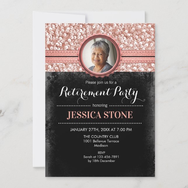 Photo Retirement - Rose Gold Black Invitation (Front)