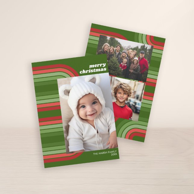 Photo Retro Arch Line Art and Off Centre Pic Holiday Card (3 Photo Christmas Card with Retro 70s Stripes - Print and Download Option)