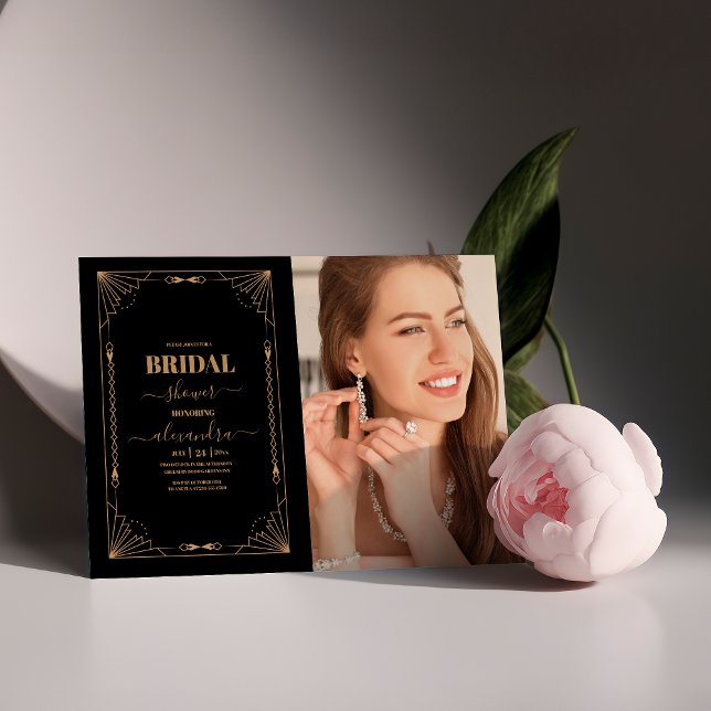 Photo Retro Art Deco Dark Bridal Shower Invitation (Creator Uploaded)