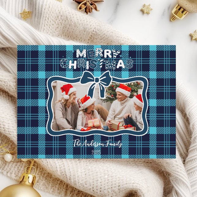 Photo Retro Blue Plaid Whimsical Christmas  Holiday Card (Creator Uploaded)