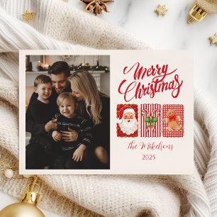 Photo Retro Gingham Santa Gingerbread Christmas Holiday Card