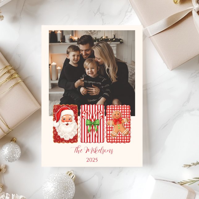Photo Retro Gingham Santa Gingerbread Christmas Holiday Card (Creator Uploaded)