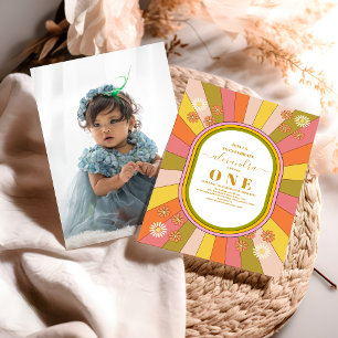 Photo Retro Groovy 70's Themed   1st Birthday Invitation