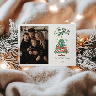 Photo Retro Pastel Christmas Tree Holiday Card
