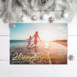 Photo Retro Script Happy Hanukkah Foil Holiday Card<br><div class="desc">Retro style script font "Happy Hanukkah" in real foil. Add a message or more photos to the back side. Choose from gold,  silver or rose gold foil</div>