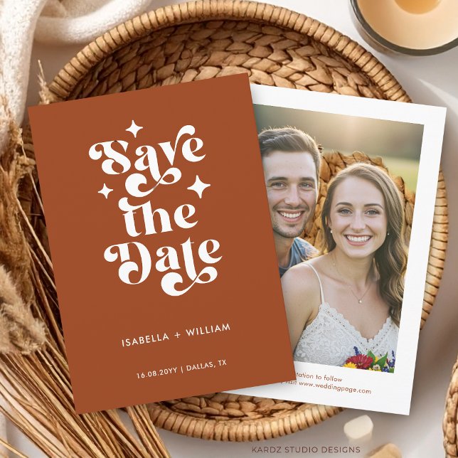 Photo Retro Typography Wedding Save The Date Announcement (The front and back of the invitation shown in a 5x7-inch size. Choose size, paper, and corner style.)
