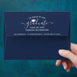 Photo & Return Address Navy Blue White Graduation Envelope