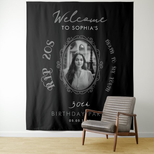 Photo RIP 20s 30th Birthday Party Welcome Backdrop Tapestry (In Situ)