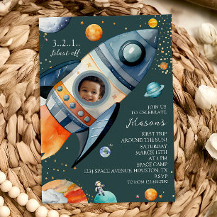 Photo Rocket First Trip Around the Sun Space B-day Invitation